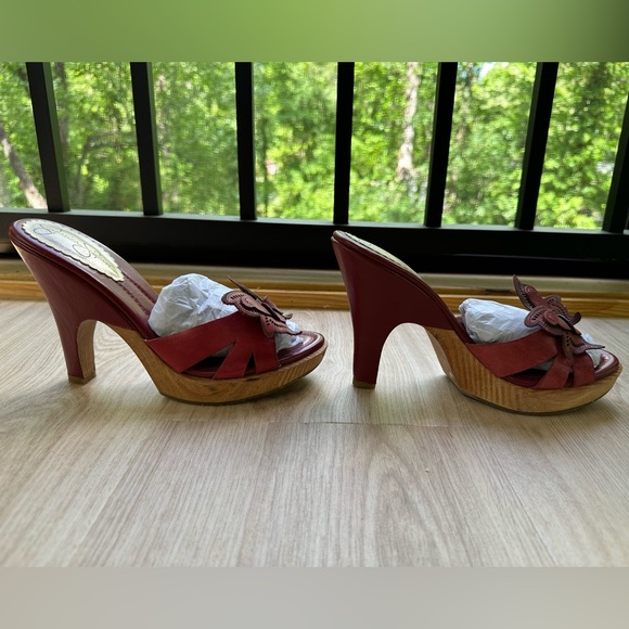 Jessica Simpson Red Leather Butterfly Sandal Wooden Platform Heels ~ 8B/38 - Picture 8 of 17